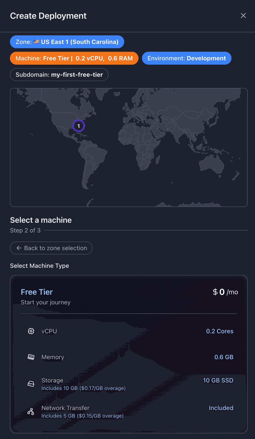 Machine selection showing Free Tier with 0.2 vCPU, 0.6 GB memory, 10 GB SSD storage, and included network transfer