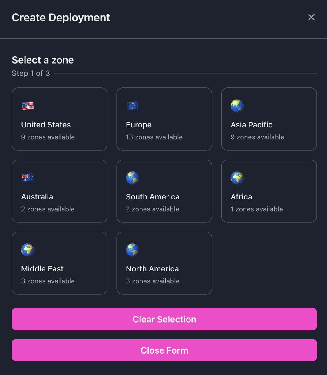 Region selection showing worldwide zones including United States, Europe, Asia Pacific, Australia, South America, Africa, Middle East, and North America